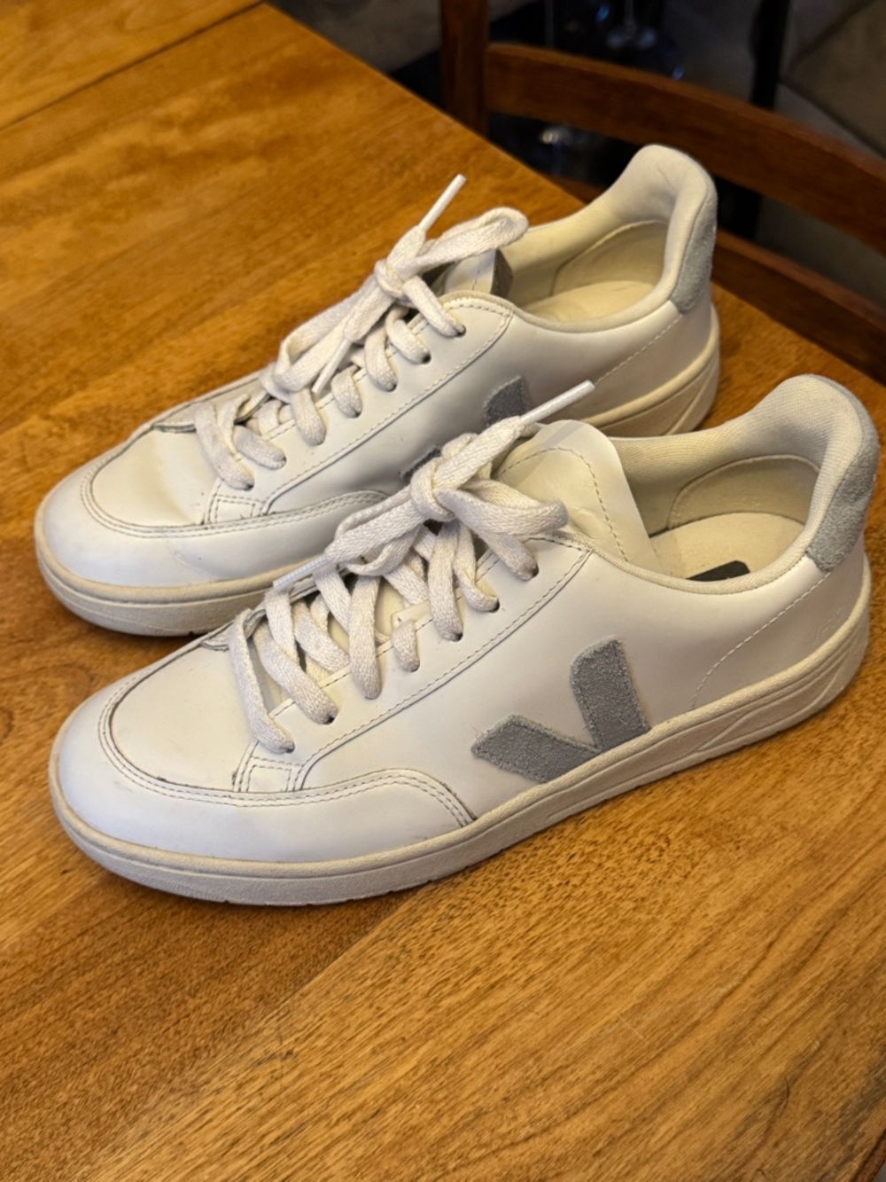 Veja V-10 Leather Sneakers in White with Gray Logo - Women’s